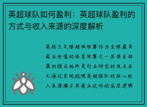 英超球队如何盈利：英超球队盈利的方式与收入来源的深度解析